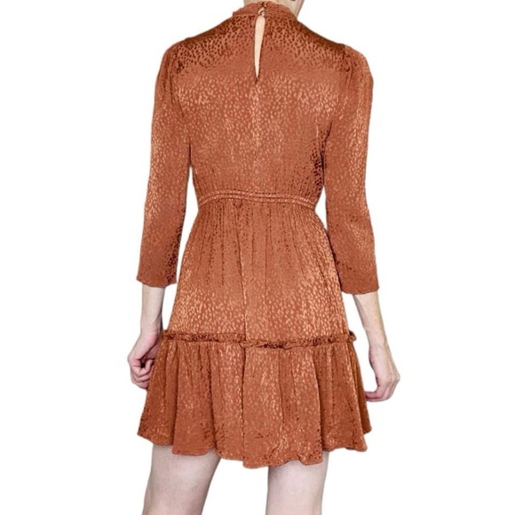 Madewell Brown Tan Animal Printed Mock Neck Ruffle Hem Mini Dress - Picture 2 of 8